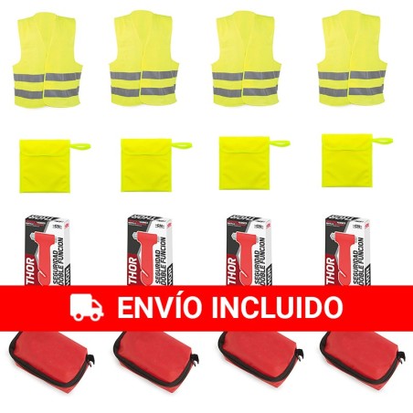 4 Kit de emergencias + 4 primeros auxilios (4 chalecos + 4 bolsas + 4 martillos + 4 botiquines)