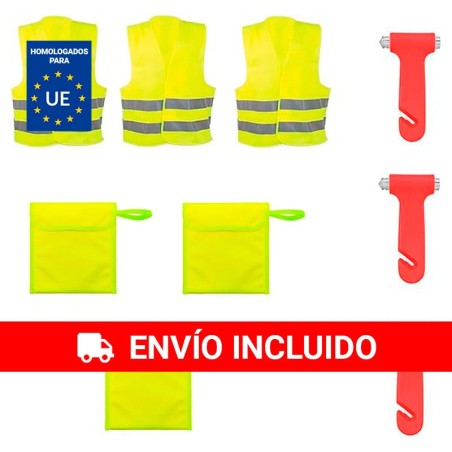 3 chalecos reflectantes + 3 bolsas + 3 martillos de emergencias