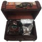 Little chest decorated with map with one filled chocolate of fig and marmalade of cherry