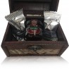 Little chest decorated with map with filled chocolate of fig and marmalade of cherry