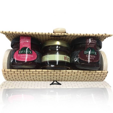Beige trunk, raspberry jam, honey and cherry jam for gift