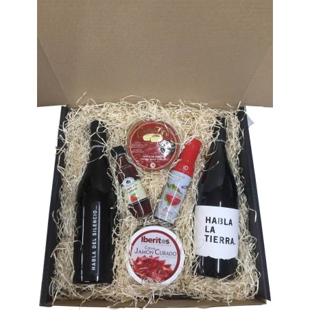 Estuche regalo grande con vinos habla, cremosito, vinagre, aceite y crema jamón para empresa