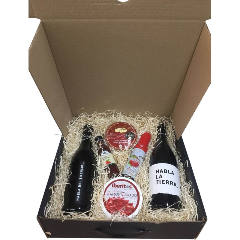 Estuche regalo grande con vinos habla, cremosito, vinagre, aceite y crema jamón para empresa