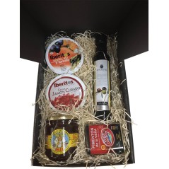 Estuche pequeño para regalos con aceite, jamón curado, miel, pimentón y botella aceite, ajo y tomate para navidad