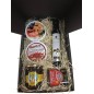 Small gift box with oil, cured ham, honey, paprika and tin oil, garlic and tomato for Christmas