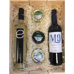 Wooden box with wine and cream cheese for a gift