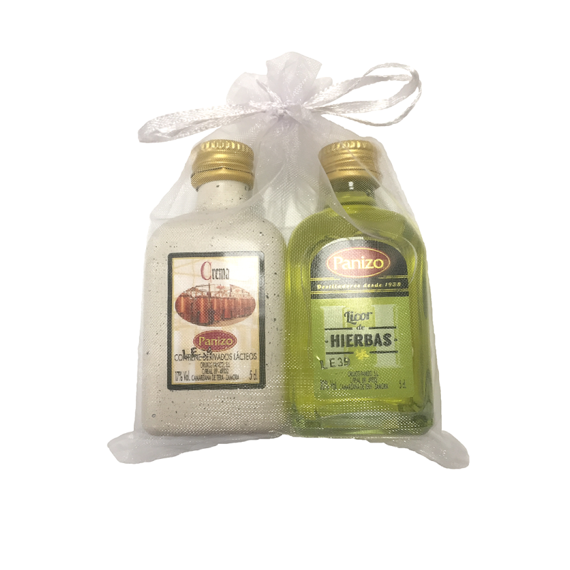 Pack de liqueur à base de plantes panizo et crème de marc de panizo dans un sac en organza