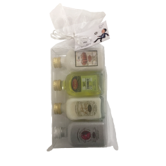 Pack de 24 set de miniaturas licor panizo: Licor Hierba, Crema de Orujo, Crema de Arroz y Caramelorujo en bolsa de organza.