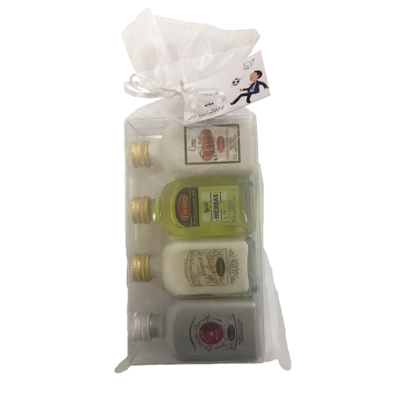 Pack of 24 panizo liqueur miniatures set: Herb Liqueur, Marc Cream, Rice Cream and Caramelorujo in organza bag.