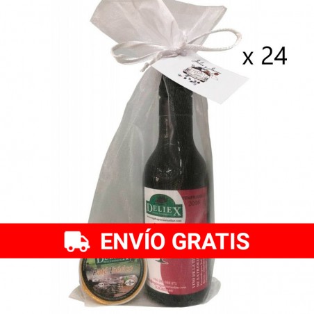 24 lots Miniature wines Extremeño Deliex with pâté and organza bags for weddings