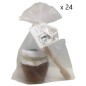 Pack of 24 honey jars with nuts, tasting sticks and organza bags.