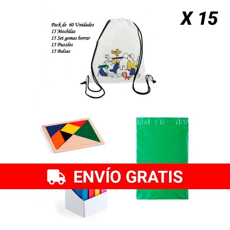 Lote 15 Mochilas infantiles colorear + 15 Puzzles ingenio + 15 Set gomas de borrar con bolsas para guardar regalos