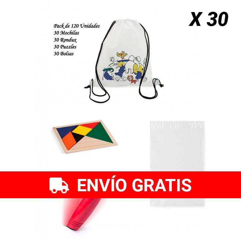 Estupendo Lote regalo de cumpleaños Mochilas +Rondux + Puzzles ingenio+bolsas para guardar los regalos