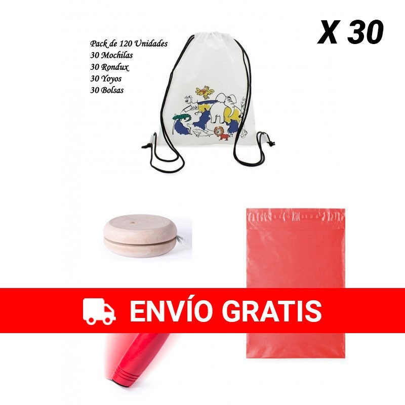 Set para regalos cumpleaños 120 unidades Mochilas infantiles + Juegos Rondux+Yoyos+Bolsas para guardar los regalos