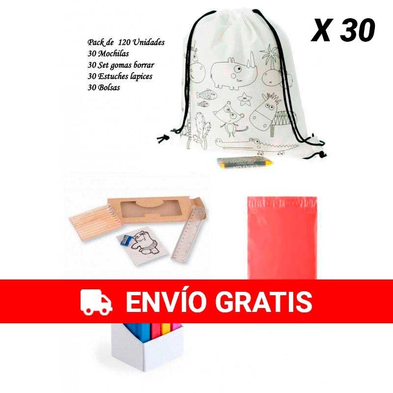 Pack 30 mochilas + 30 estuches + 30 set de gomas + 30 bolsas para presentar los regalos