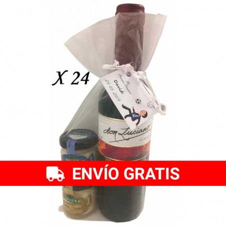 Pack 24 ud Detalle para comuniones con vino miniatura Don Luciano Tempranillo y una crema de queso de oveja en bolsa de organza 