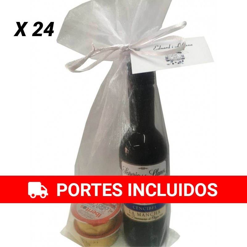 Pack of 24 miniature plastic wine bottles with two pâtés, bag and cards