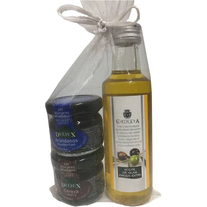 Combinación aceite de oliva virgen extra y mermeladas de arándanos y cerezas para eventos