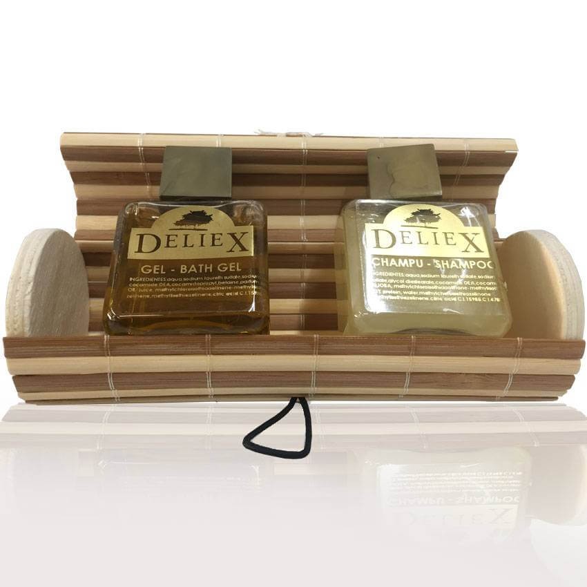 Beige and brown chest with gel and shampoo to give away