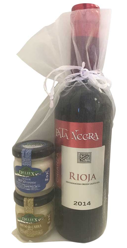 Pack wine Pata Negra Crianza and jars of cheese for events