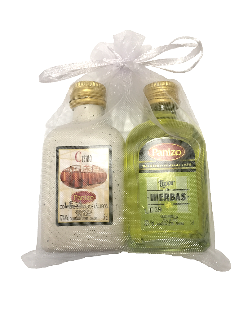 Pack of panizo herbal liqueur and panizo marc cream in organza bag
