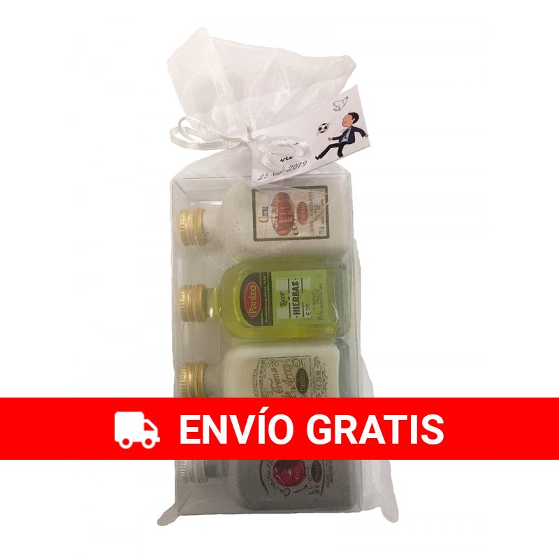 Pack de 24 set de miniaturas licor panizo: Licor Hierba, Crema de Orujo, Crema de Arroz y Caramelorujo en bolsa de organza.